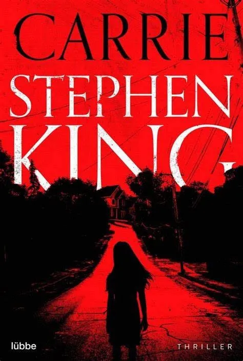 Buchcover „Carrie“ von Stephen King: ein Mädchen auf einer rot beleuchteten Straße