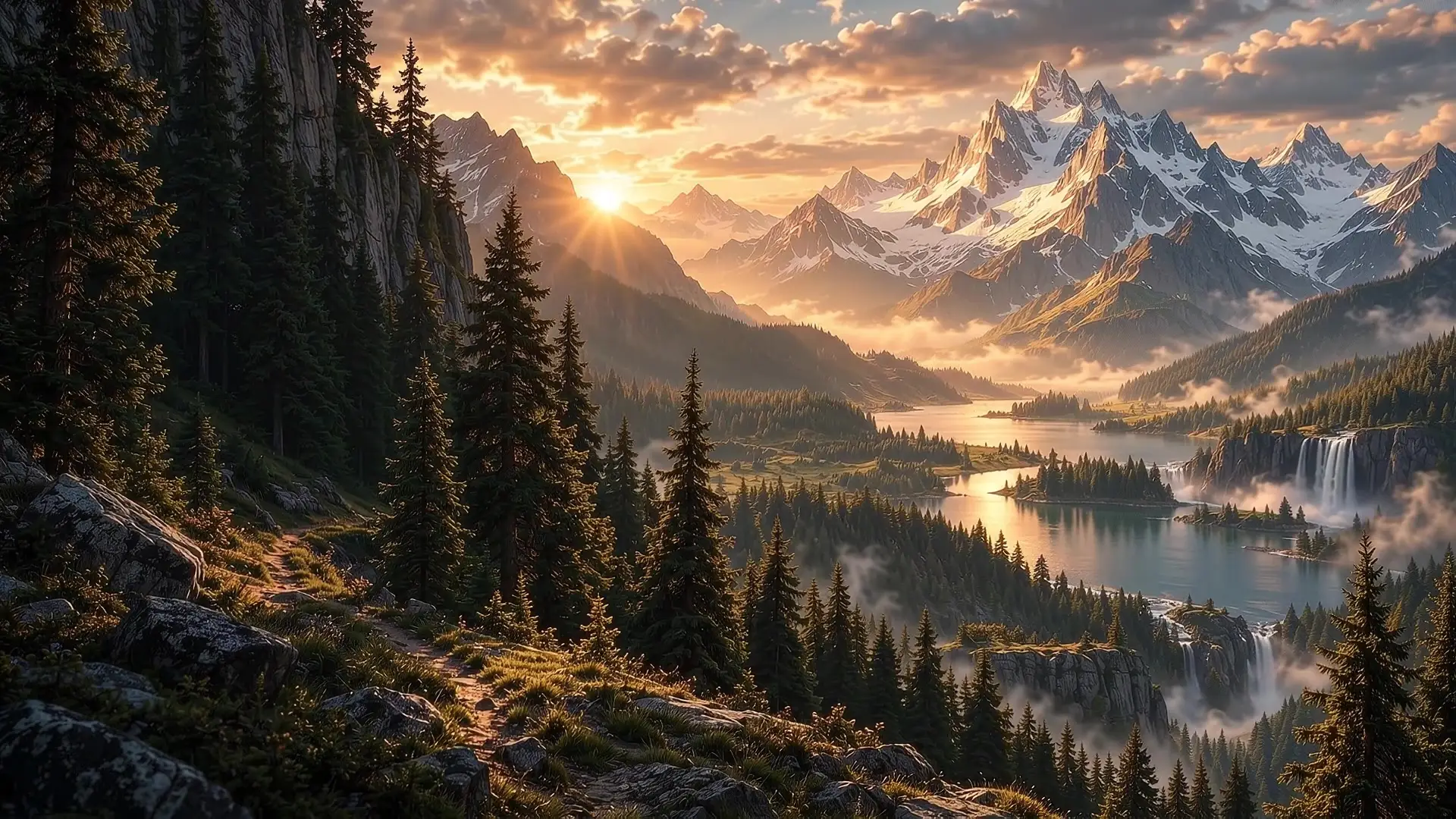 Sonnenaufgang über einem Gebirgstal mit See, Wasserfällen und Nadelwald